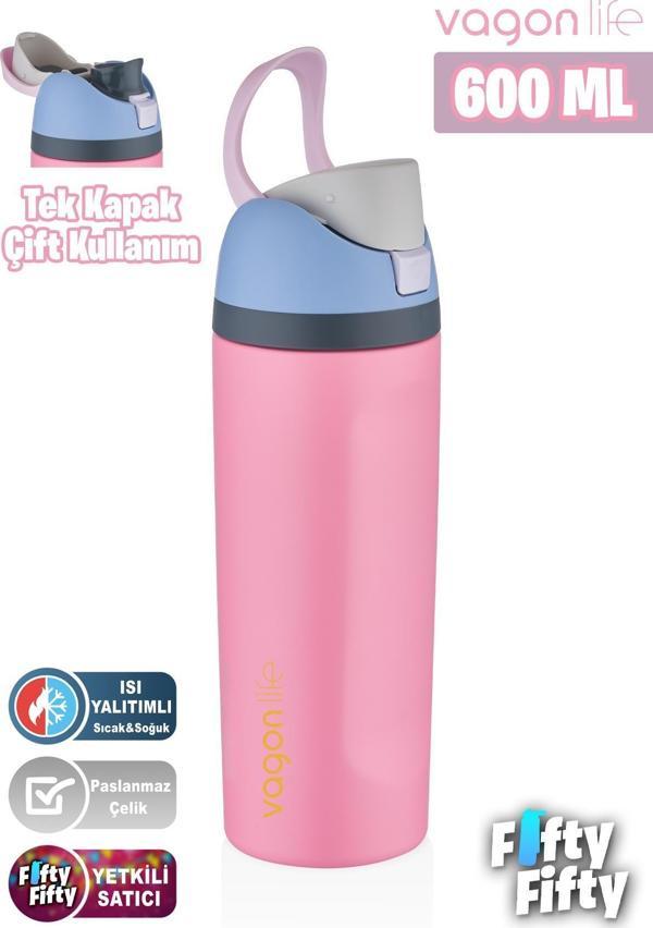 Vagonlife 600 ML Tek Kapak Çift Kullanım Pipetli/Pipetsiz Taşıma Kulplu Çelik Termos -FFVGN0443R600ML - Image 1