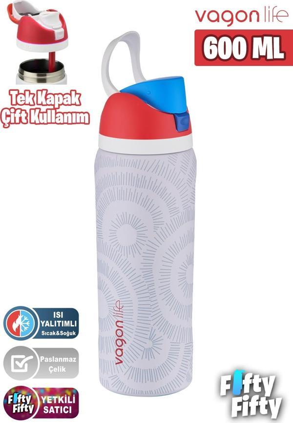 Vagonlife 600 ML Tek Kapak Çift Kullanım Pipetli/Pipetsiz Taşıma Kulplu Çelik Termos -FFVGN044ML600Desenli - Image 1