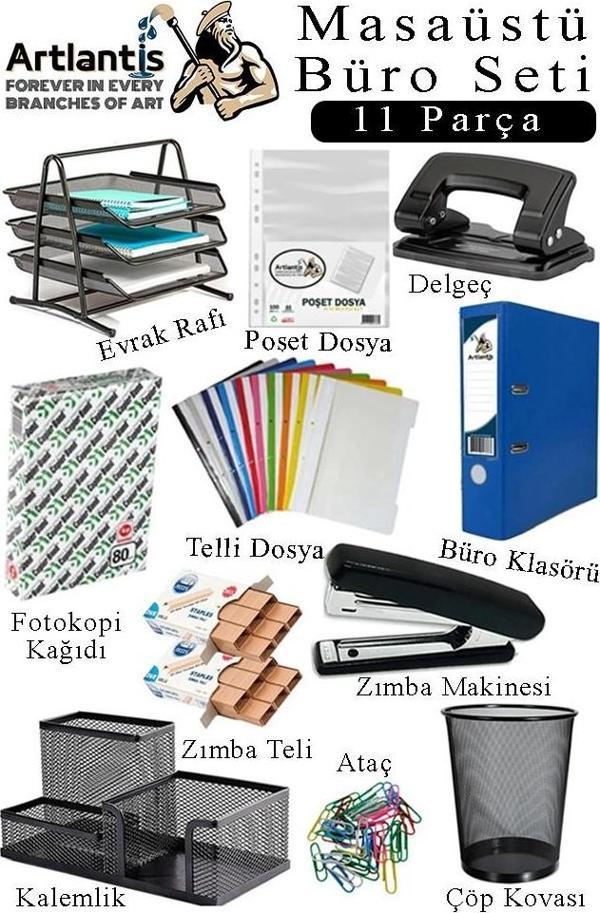 Masaüstü Büro Seti 11 Parça Siyah Metal Evrak Rafı Kalemlik 3 lü Zımba Makinesi Delegeç Ataşlık Notluk Düzenleyici - Image 1