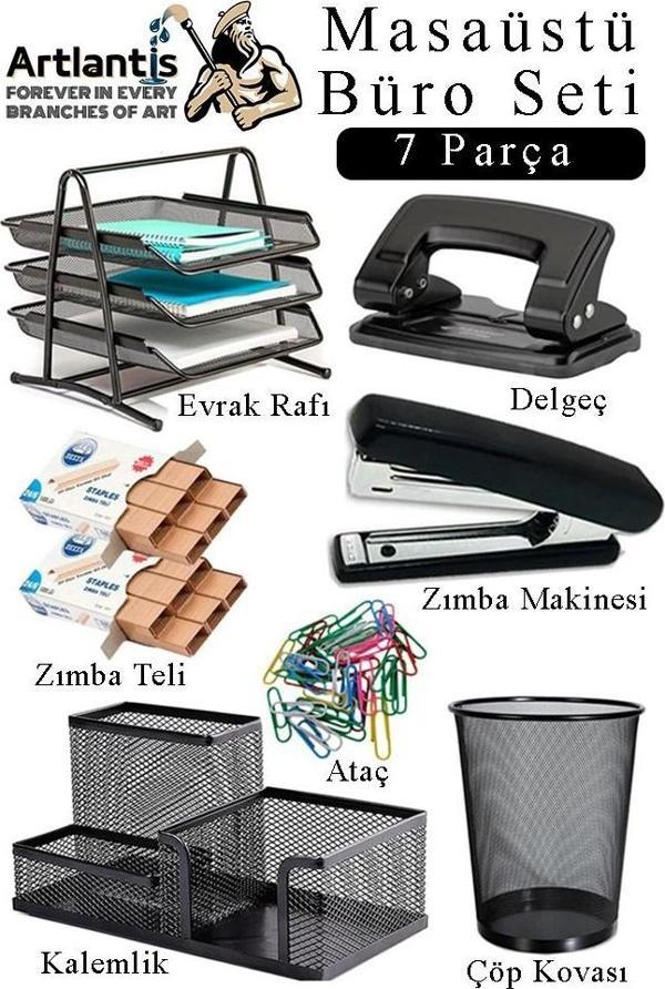 Masaüstü Büro Seti 7 Parça Siyah Metal Evrak Rafı Kalemlik 3 lü Zımba Makinesi Delegeç Ataşlık Notluk Düzenleyici - Image 1
