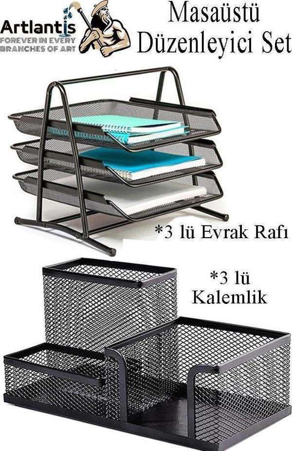 Masaüstü Evrak Rafı ve Metal Kalemlik Seti 3 lü Kombo 1 Paket Fileli Perfore Siyah Kalemlik Ataşlık Notluk Düzenleyici - Image 1