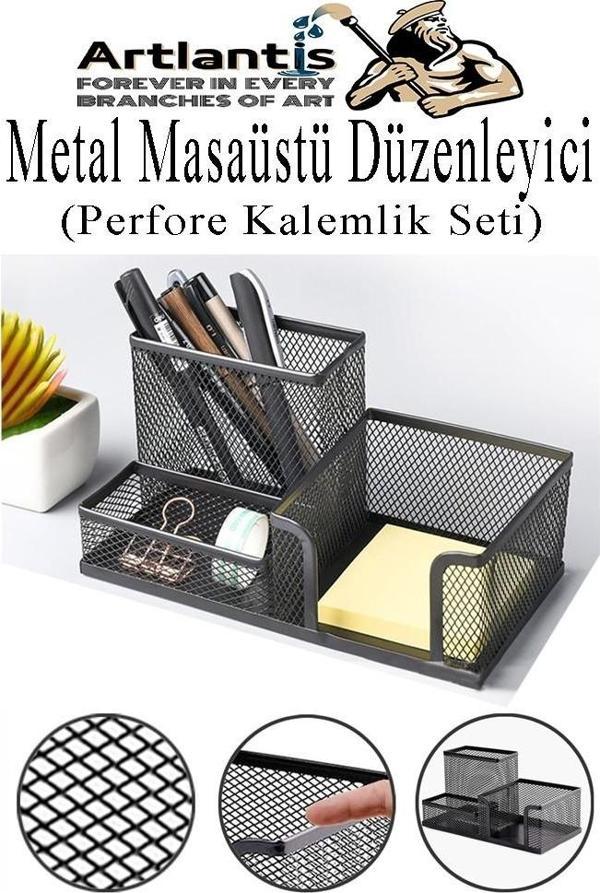 Masaüstü Metal Kalemlik Seti 3 lü Kombo 1 Paket Fileli Perfore Siyah Kalemlik Ataşlık Kağıtlık Küpnotluk Düzenleyici - Image 1
