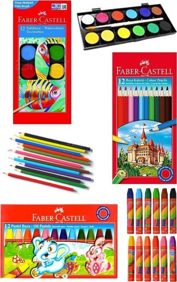 Öğrenci Boyama Seti 3 lü Faber 12 Renk Sulu Boya Kuru Boya Pastel Boya 12 li Boya Set Faber Castell Okul Sınıf - Image 1