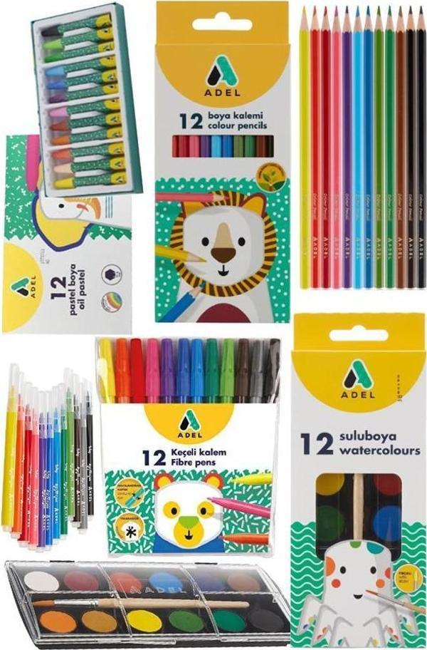 Öğrenci Okul Boyama Seti 4 lü Adel 12 Renk Pastel Boya Kuru Boya Sulu Boya Keçeli Kalem 12 li Boya Set Kreş Seti - Image 1