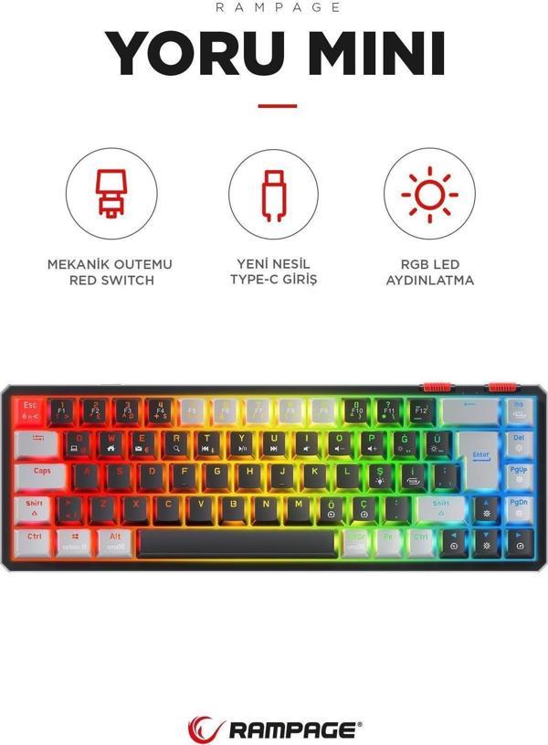 Rampage YORU Mini Siyah/Gri Type-C Bağlantılı OUTEMU Red Swich Q Mekanik Gaming Oyuncu Klavye - Image 1