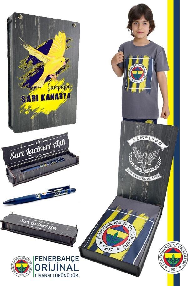 Fenerbahçe Orijinal Renkli Logo Sıfır Yaka Çocuk T-Shirt Uçlu Kalem Hediyelik Set Ahşap  - Image 1