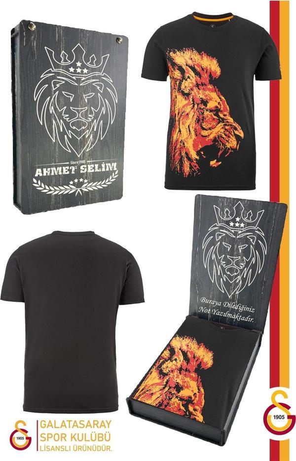 Galatasaray Orijinal Lisanslı Aslan Baskılı T-Shirt Kişiye Özel Hediyelik Ahşap Kutu - Image 1