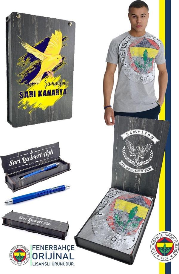 Fenerbahçe Orijinal Lisanslı 6 Renk Logo Gri Tribün T-Shirt + Kalem Set Hediyelik Ahşap  - Image 1