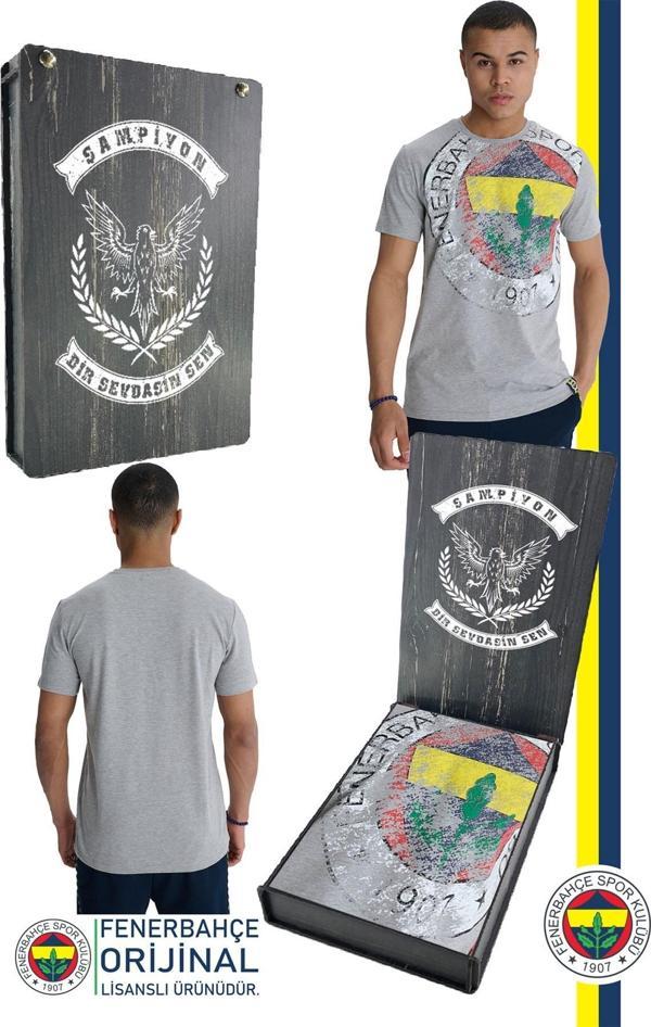 Fenerbahçe Orijinal Lisanslı 6 Renk Logo Gri Tribün T-Shirt Hediyelik Ahşap Kutulu - Image 1