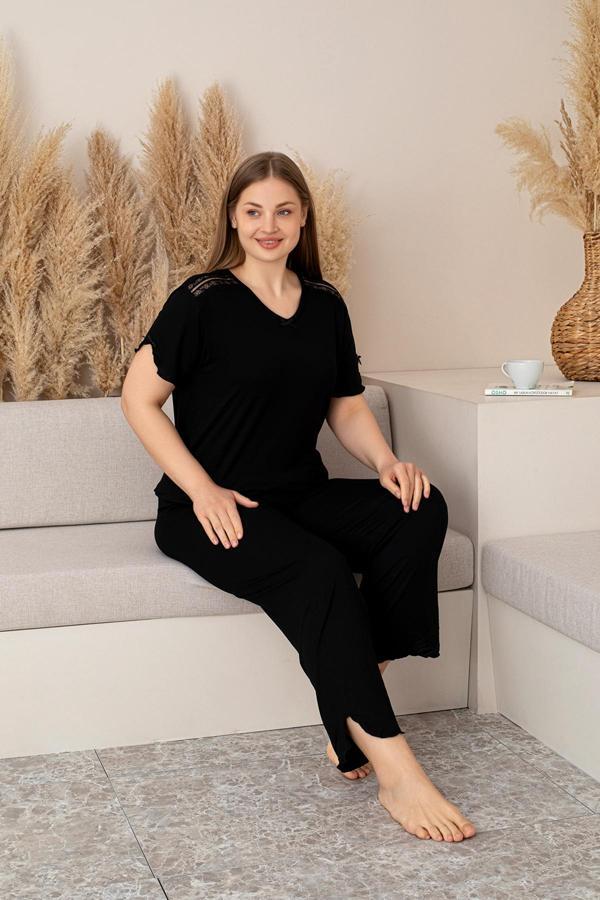 “Bambu Kumaş Büyük Beden Kadın Dantelli Uzun Kollu Pijama Takımı – Yumuşak, Nefes Alabilir, Şık ve Rahat, M-5XL” - Image 1