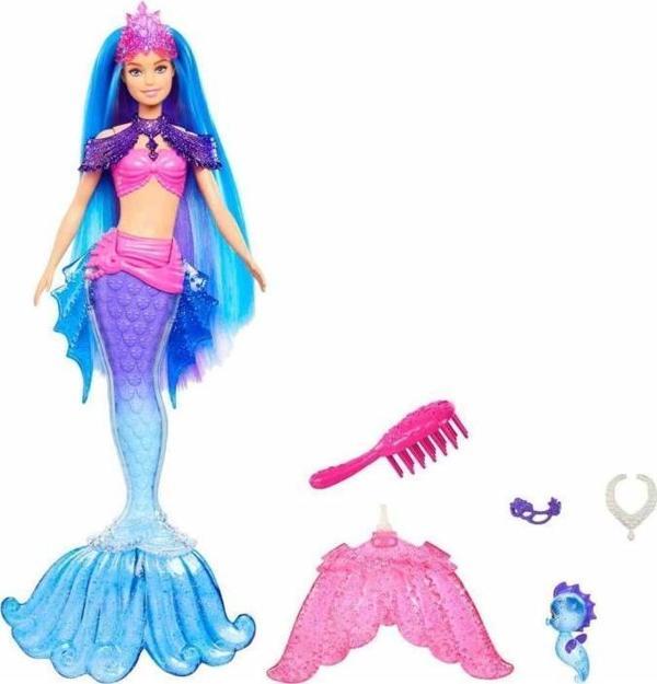 Barbie Malibu Deniz Kızı Bebeği HHG52 Hayvan Figürleri, Değiştirilebilir Yüzgeçler, Saç Fırçası ve Aksesuarlarıyla, 3 Ya - Image 1