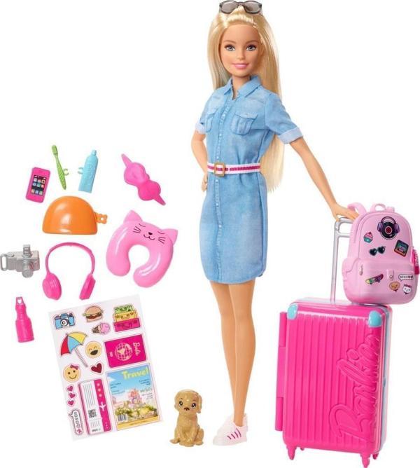 Barbie Seyahatte Bebeği ve Aksesuarları, Köpekçik, Bavul ve 10'dan Fazla Aksesuarlı FWV25 - Image 1