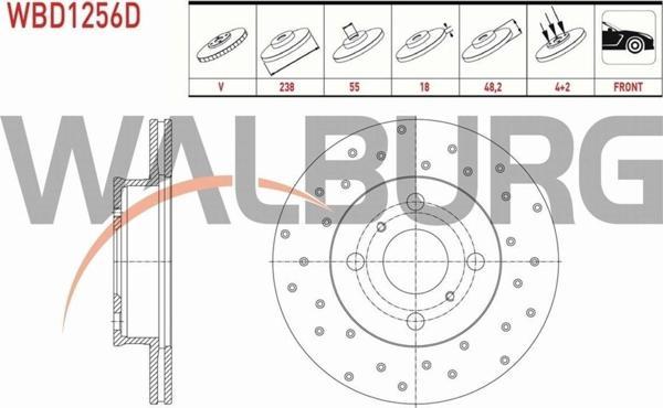 Walburg Toyota Corolla Uyumlu Fren Diski Ön Havalı Performans Delikli 4 Bjn 238X18X55X48,2 8E0615601M - Image 1