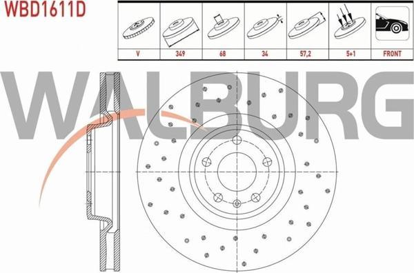Walburg Audı A4-A5-Q5-Q7 Fren Diski Ön Havalı Performans Delikli 5 Bjn 349X34X68X57,2 4M0615301P - Image 1