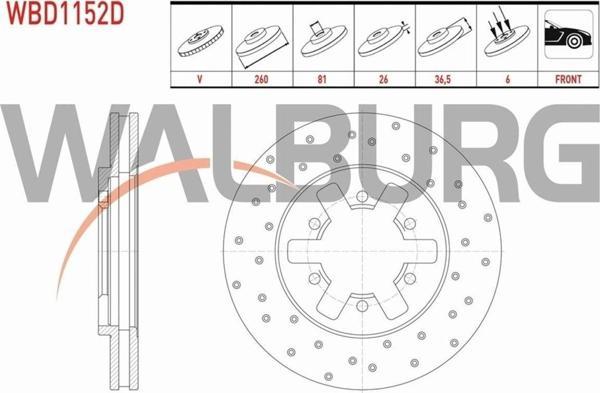 Walburg Nıssan Pıck Uyumlu Fren Diski Ön Havalı Performans Delikli 6 Bjn 260X26X81X36,5 40206-2S401- - Image 1