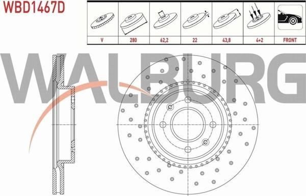Walburg Hyundaı I20 Fren Diski Ön Havalı Performans Delikli 4 Bjn 280X22X62,2X43,8 51712-H8580 Uyumlu - Image 1