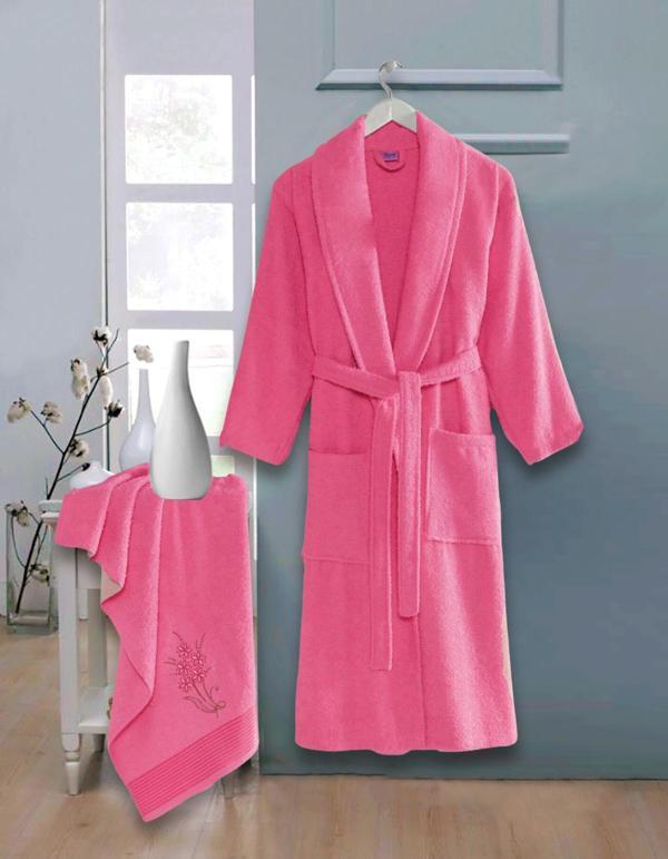 Bornoz - Nakışlı Havlu Seti Cora Fuşya L/XL+45x85cm - Image 1