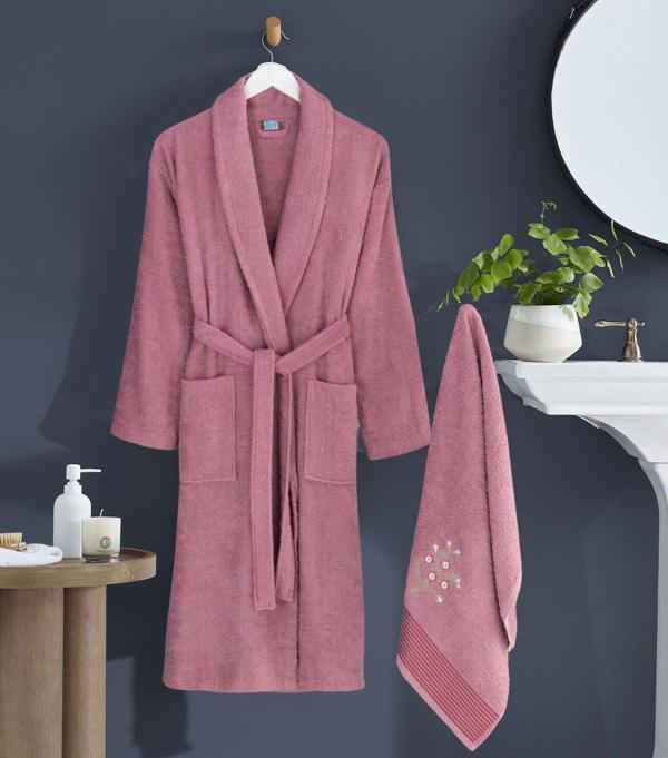 Bornoz - Nakışlı Havlu Seti Cora Mürdüm L/XL+45x85cm - Image 1
