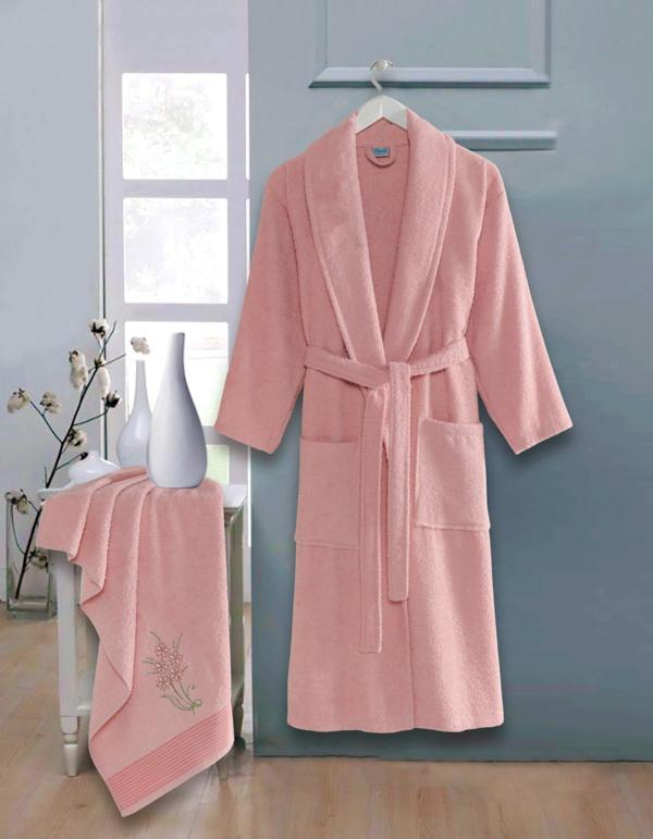 Bornoz - Nakışlı Havlu Seti Cora Pudra L/XL+45x85cm - Image 1