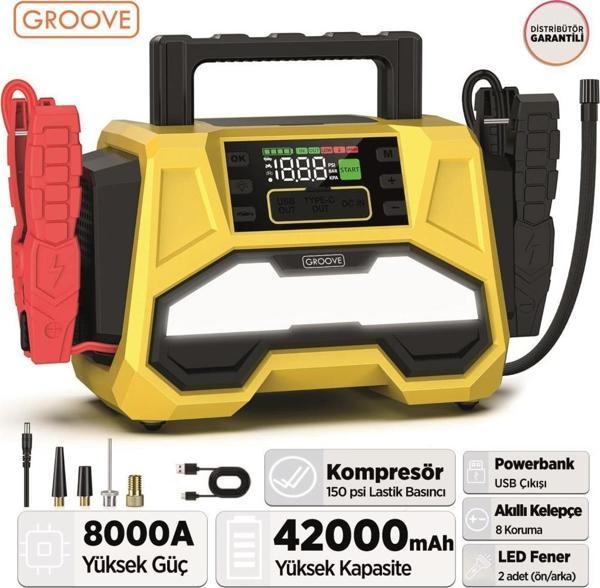 GROOVE F05 42000mAh 8000A Akü Takviye Cihazı+Lastik Şişirme Kompresörlü Jump  Starter+PD 30W Şarj Powerbank - Image 1