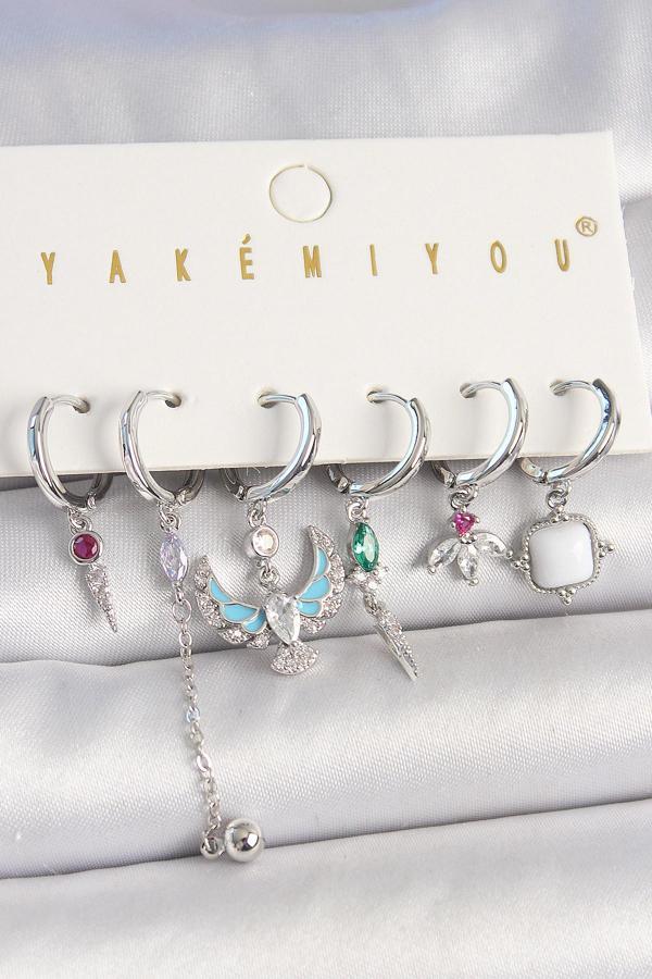 Pirinç Gümüş Renk Zirkon Taşlı Kuş Figür Çiçek Detay 6'Lı Kadın Kombin Küpe - EBJ250501W33144 - Image 1