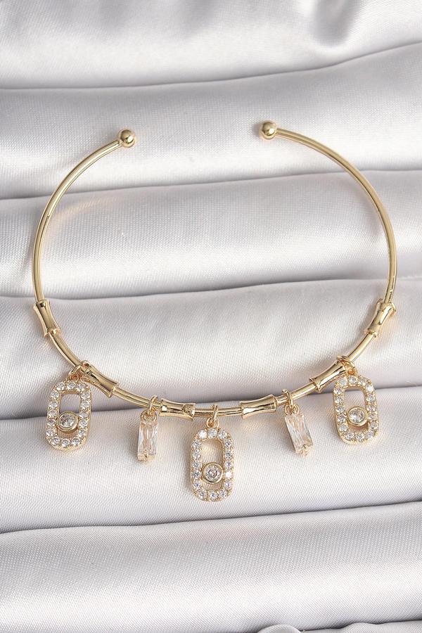 Pirinç Gold Renk Sallantı Zirkon Taşlı Messika Figür Charm Kadın Bileklik - EBJ250501W32815 - Image 1