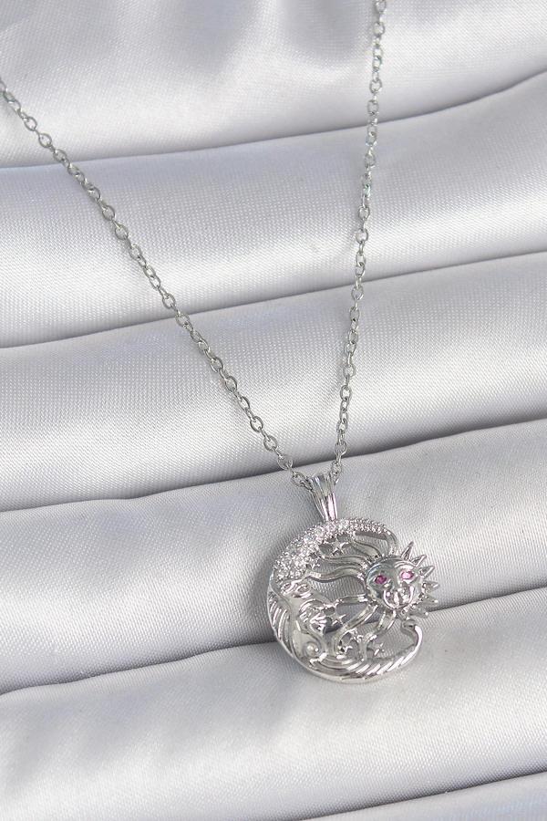 Gümüş Renk Zincir Ay Güneş Model Zirkon Taş Detay Kadın Kolye - EBJ250501W33594 - Image 1