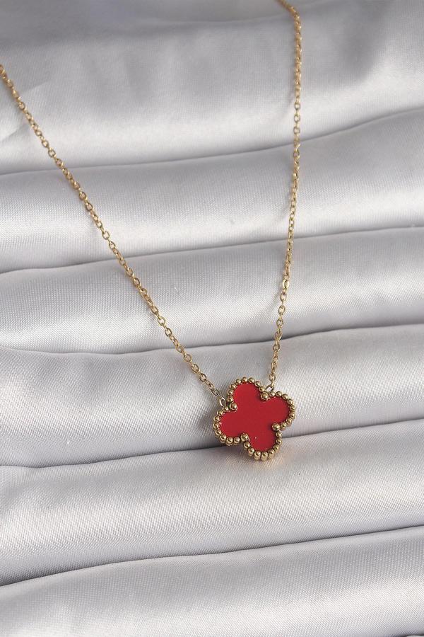 Gold Renk Kırmızı Yonca Model Kadın Kolye - EBJ250501W33477 - Image 1