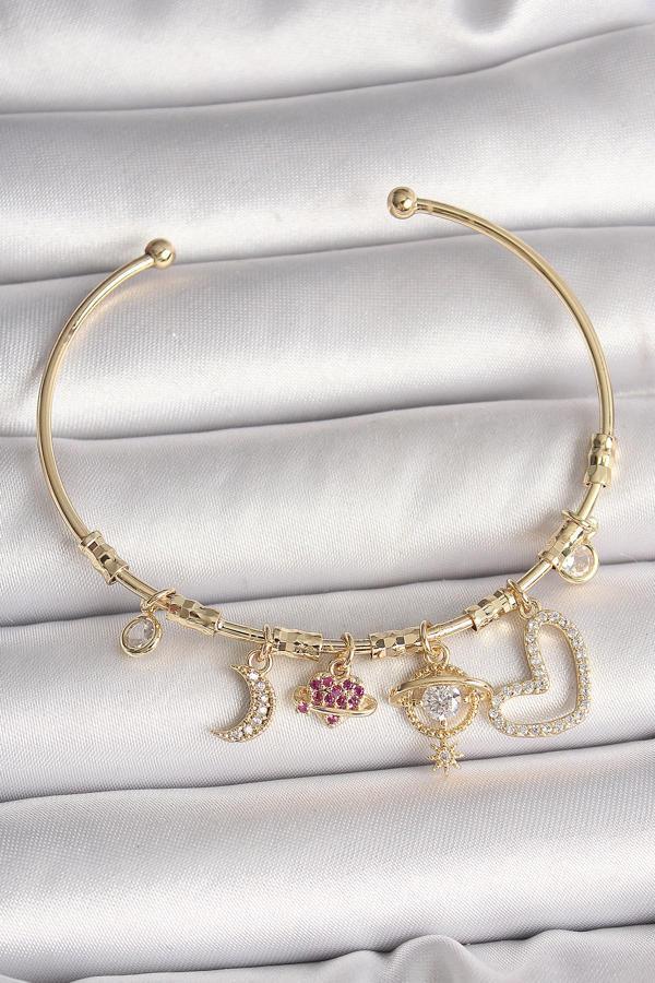 Pirinç Gold Renk Zirkon Taşlı Sallantı Gezegen Model Yıldız Detay Charm Kadın Bileklik - EBJ250501W32814 - Image 1