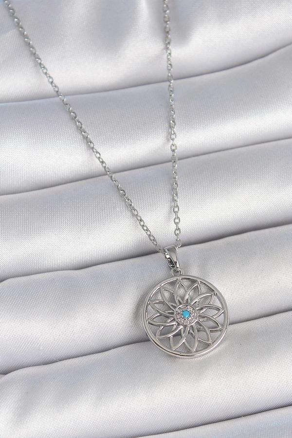 Gümüş Renk Zincir Mavi Taşlı Lotus Model Kadın Kolye - EBJ250501W33598 - Image 1