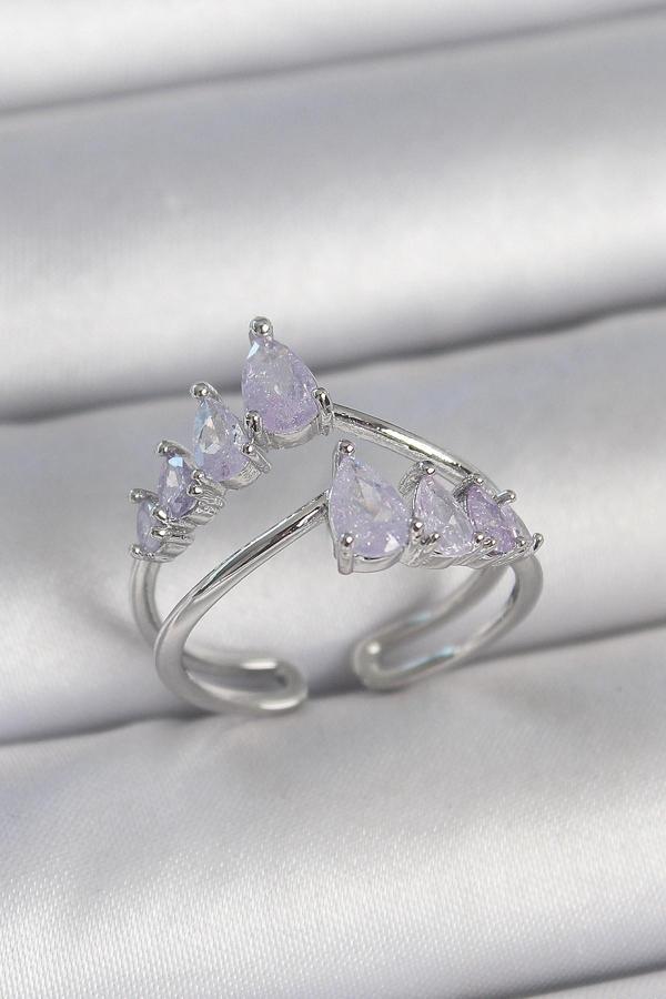 Pirinç Gümüş Renk Mor Damla Zirkon Taşlı Taç Model Kadın Yüzük - EBJ250501W33608 - Image 1