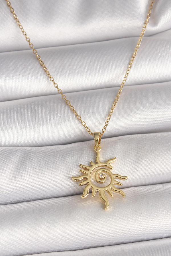 Gold Renk Zincir Zirkon Taş Detaylı Güneş Model Kadın Kolye - EBJ250501W32766 - Image 1
