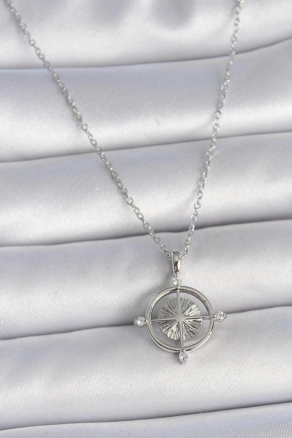 Gümüş Renk Zincir Zirkon Taşlı Pusula Model Kadın Kolye - EBJ250501W33576 - Image 1