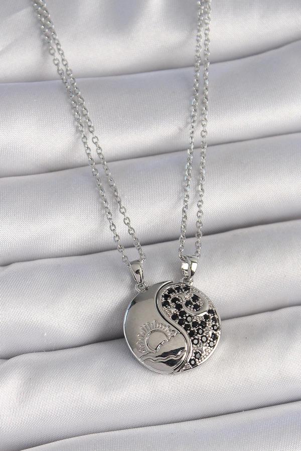 Gümüş Renk Zincir Zirkon Taşlı Ying Yang Model Gün Batımı İşlemeli Arakdaşlık Kadın Kolye - EBJ250501W33566 - Image 1