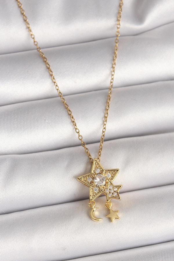 Gold Renk Zincir Zirkon Taşlı Yıldız Model Sallanı Ay Yıldız Detay Kadın Kolye - EBJ250501W32751 - Image 1