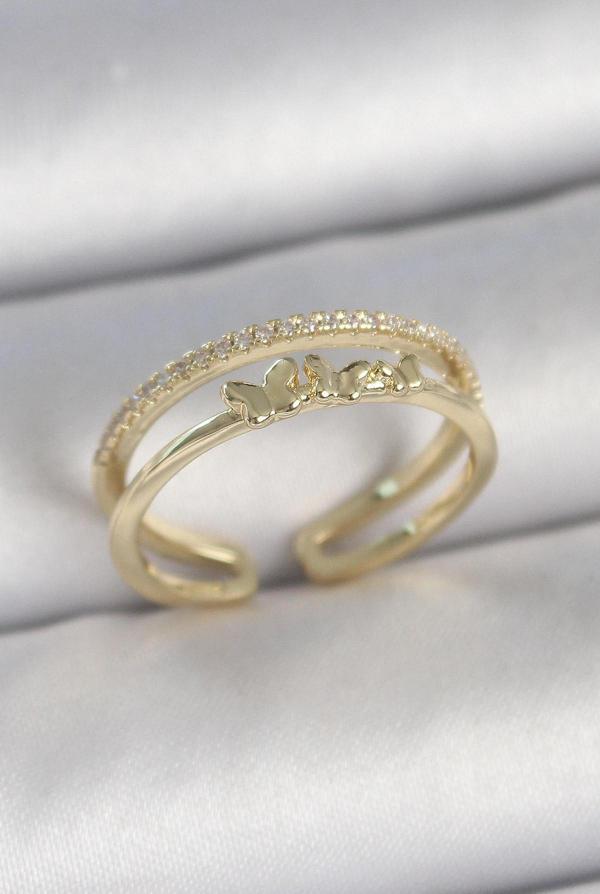 Pirinç Gold Renk 2'Li Sıra Zirkon Taş Detaylı Kelebek Figürlü Ayarlanabilir Model Kadın Yüzük - EBJ250501W33627 - Image 1