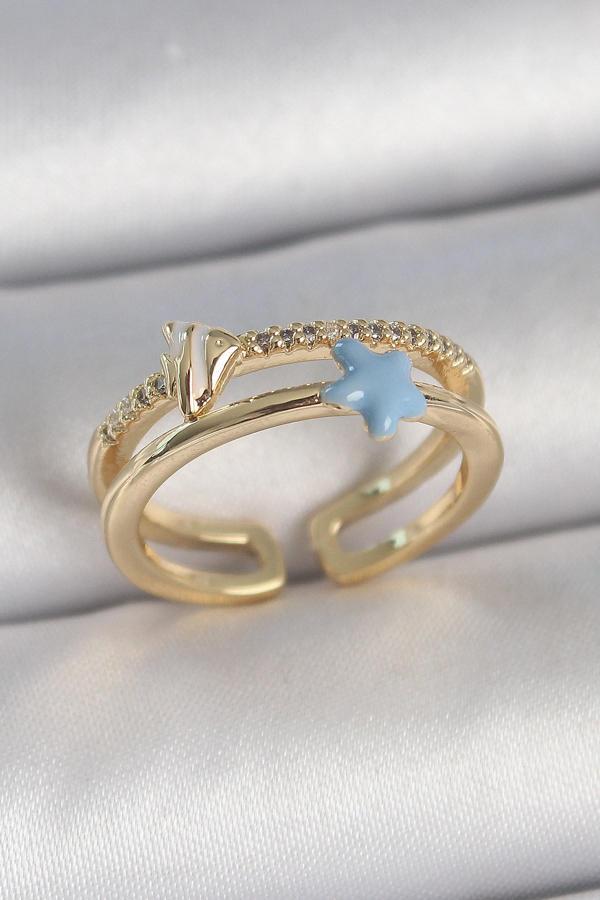 Pirinç Gold Renk 2'Li Zirkon Taşlı Mavi Yıldız Figür Ayarlanabilir Kadın Yüzük - EBJ250501W33633 - Image 1