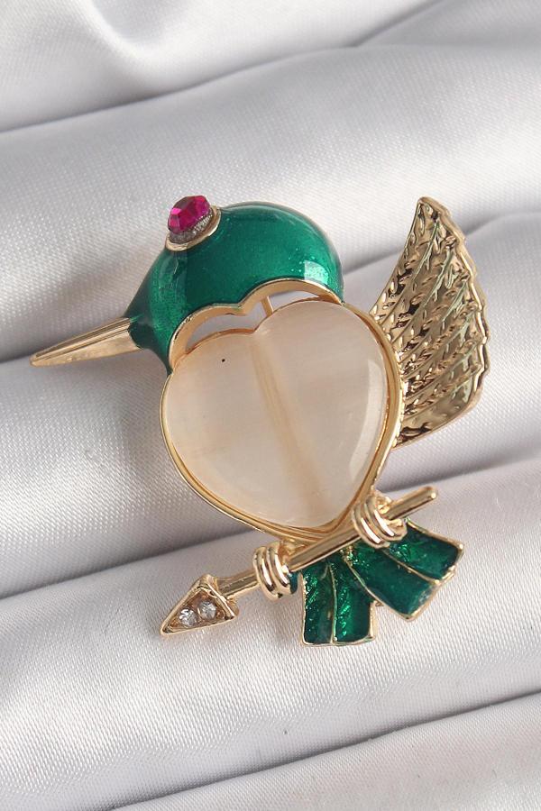 Pirinç Gold Renk Beyaz Mineli Kalp Yeşil Sinek Kuşu Model Pembe Zirkon Taş Detay Kadın Broş - EBJ250327W31633 - Image 1