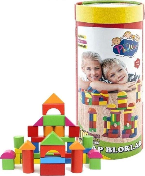 Çocuk Silindir Kutuda 100 Parça Renkli Ahşap Bloklar - Image 1
