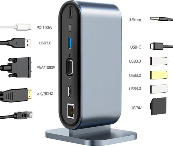 Apera Mt53 Type-C Usb Adaptör Hub 12İn1 4K Hdmı Vga 4Ad Usb 3.0 Rj45 100Mbps Sd Kart Okuyucu 3.5Mm Ses - Image 1