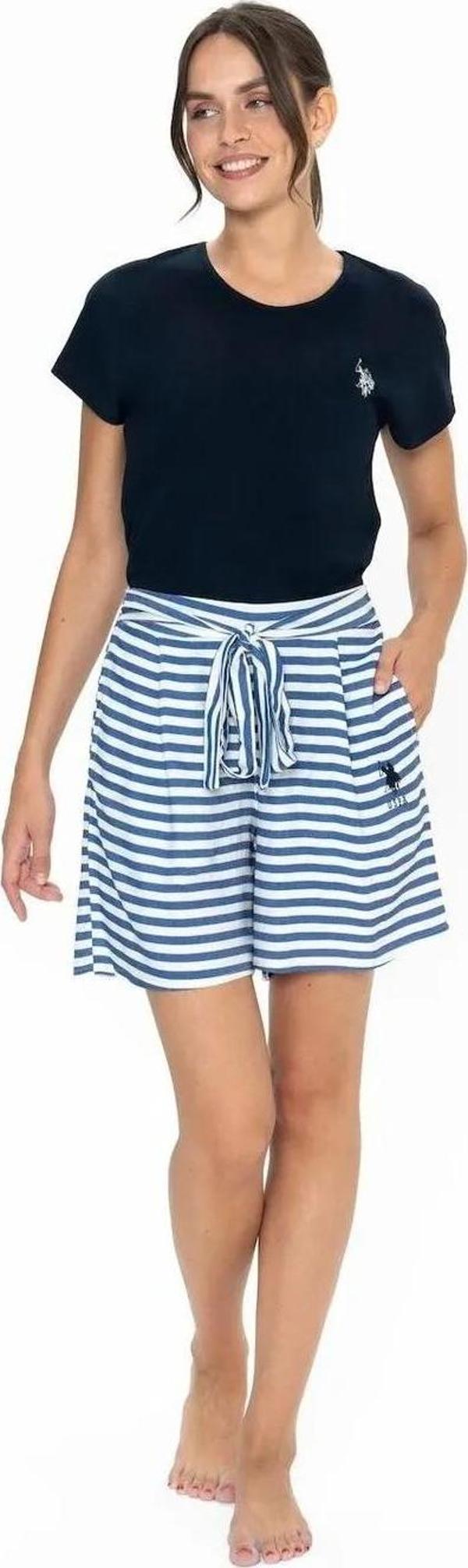 U.S. Polo Assn. Kadın Yuvarlak Yaka Alt Üst Bağcıklı Çizgili Pijama Şort Takım - Image 1