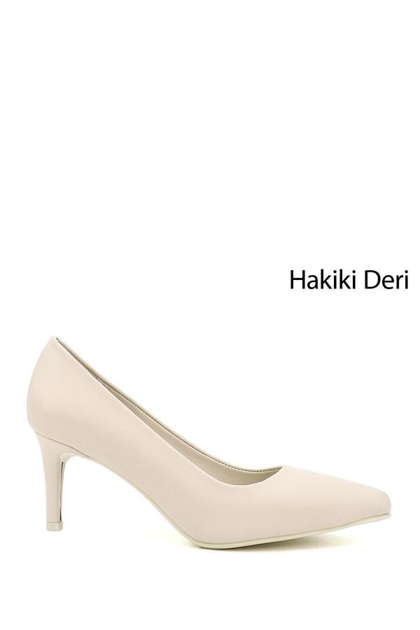 Kadın Bej Sivri Burun İnce Topuklu Hakiki Deri Stiletto - Image 1