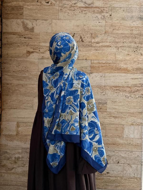 Pamuklu Mimoza Desen Şal- Lacivert/Yağ Yeşil - Image 1