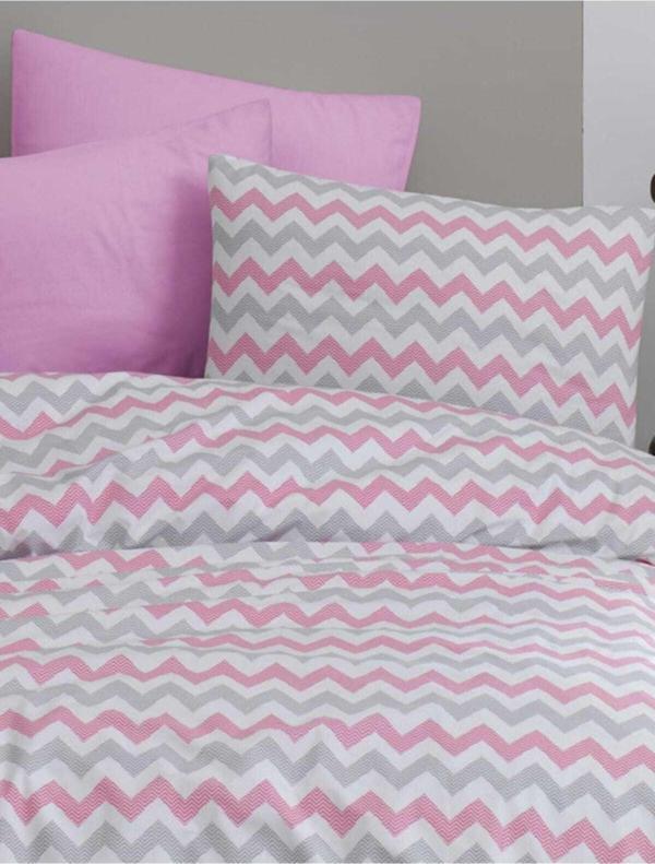 Mertim Tek Kişilik Lastikli Nevresim Takımı 160X220 - Pembe Zikzak Desenli - Image 1