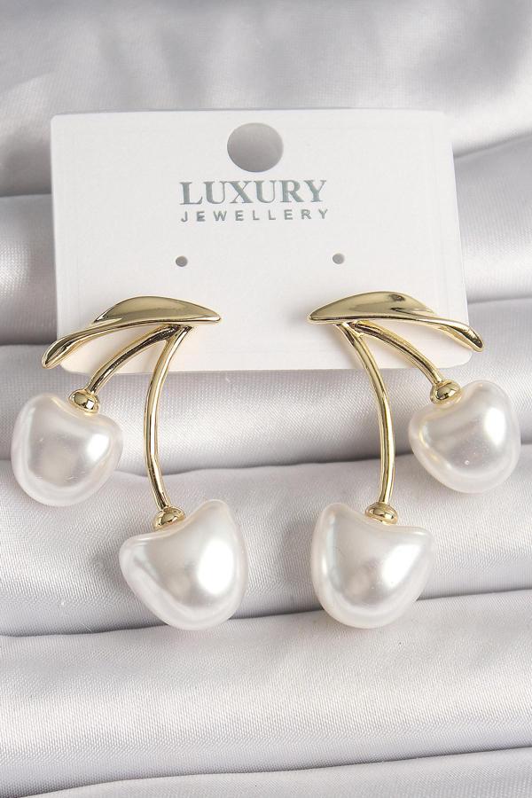 Pirinç Gold Renk Beyaz İnci Kiraz Model Kadın Küpe - TJ-BKP10461 - Image 1