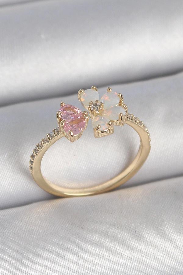 Pirinç Gold Renk Beyaz Mineli Pembe Zirkon Taşlı Çiçek Model Kadın Yüzük - TJ-BYK3709 - Image 1