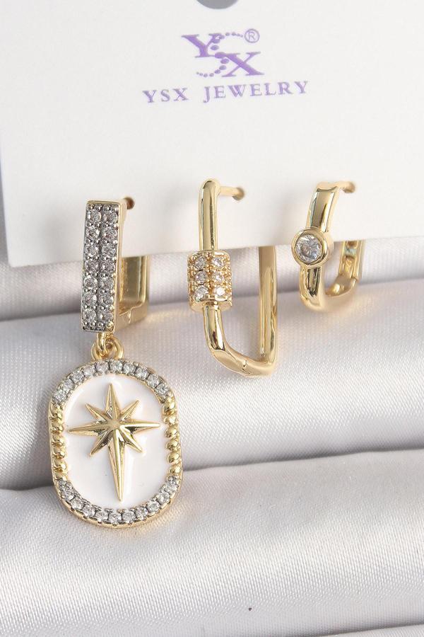 Pirinç Gold Renk Sallantı Zirkon Taş İşlmeli Yıldız Portre Model 3'Lü Kadın Kombin Küpe - TJ-BKP1045 - Image 1