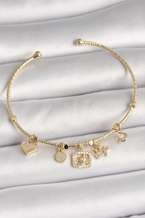 Pirinç Gold Renk Sallantı Zirkon Taşlı Ayıcık Figür Taç Detay Charm Kadın Bileklik - TJ-BB6928 - Image 1
