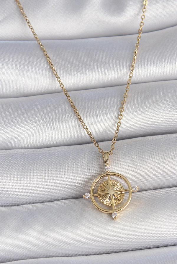316L Çelik Gold Renk Zincir Zirkon Taşlı Pusula Model Kadın Kolye - TJ-BKO10039 - Image 1