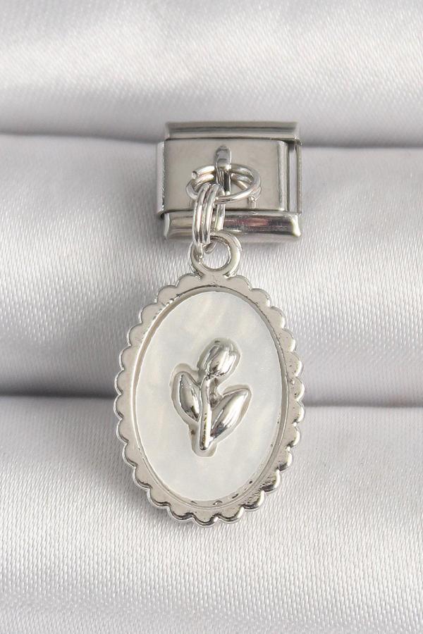 316L Çelik Gümüş Renk Beyaz Mineli Çiçek İşlemeli Nomination Charm - TJ-BC1211 - Image 1